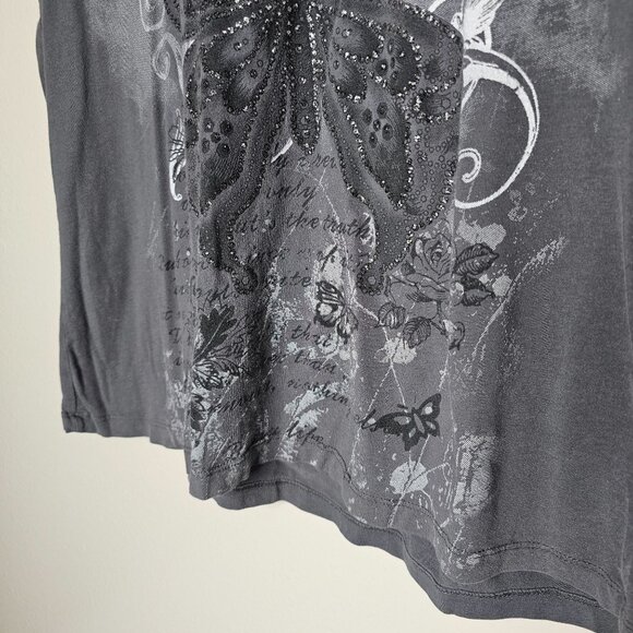 Y2K Ragzzz Size Large Grey Fitted Short Sleeve Tee Butterfly Graphic With Glitte - Picture 3 of 5
